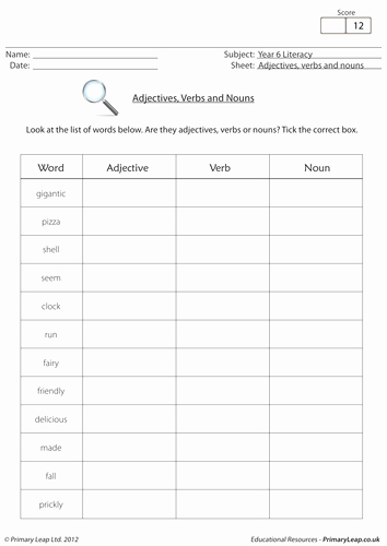 Nouns and Verbs Worksheet Inspirational Identifying Adjectives Verbs and Nouns by Loulabell86