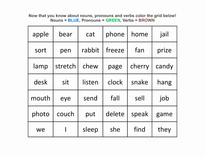 Nouns and Verbs Worksheet New Noun Pronoun Verb Review Coloring Grid Sheet Dog