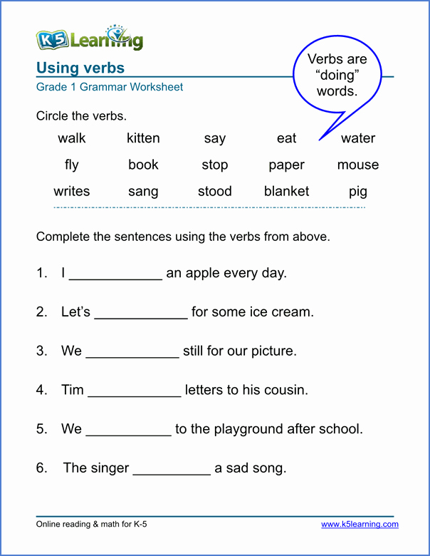 Nouns and Verbs Worksheet New Verb Worksheets for Elementary School Printable &amp; Free