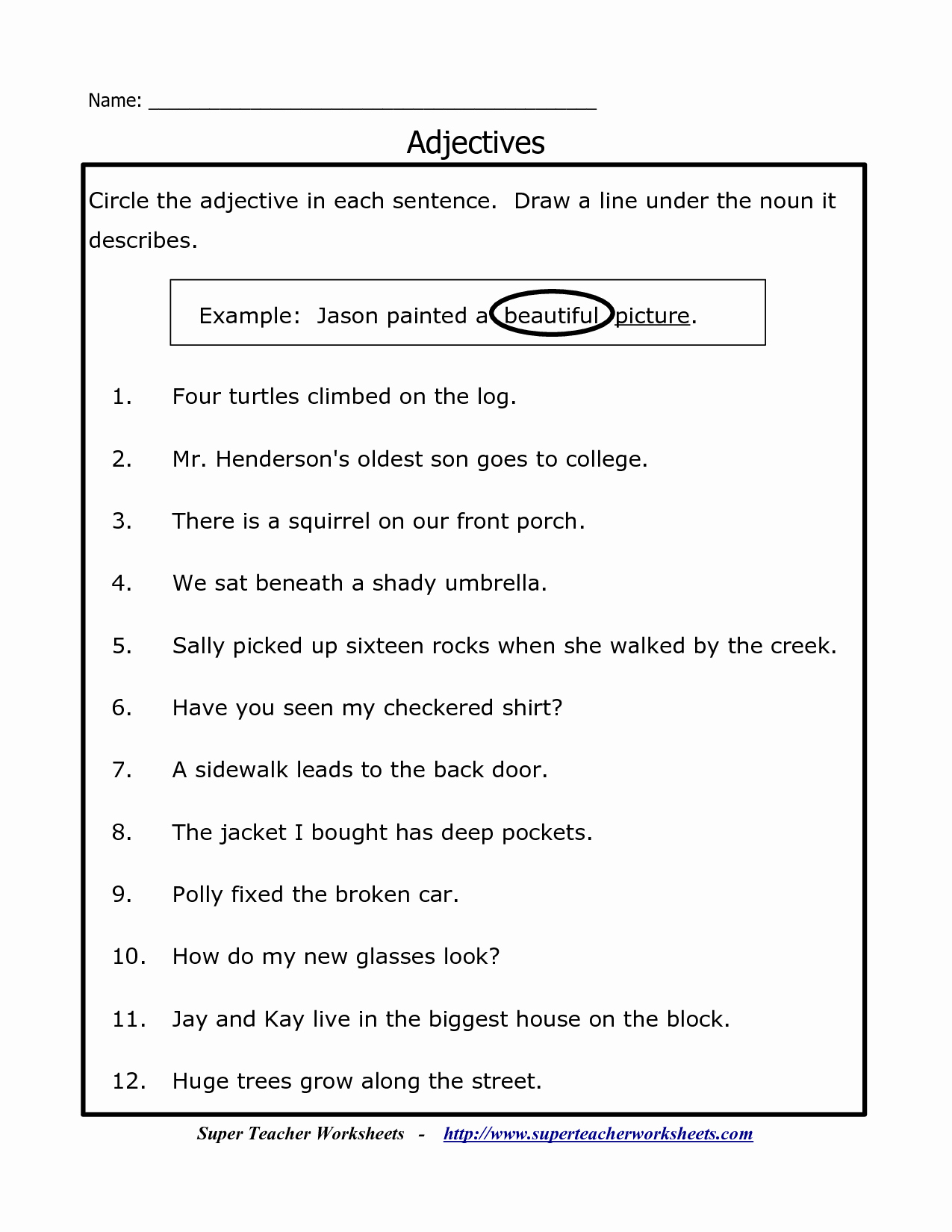 50 Nouns Verbs Adjectives Worksheet