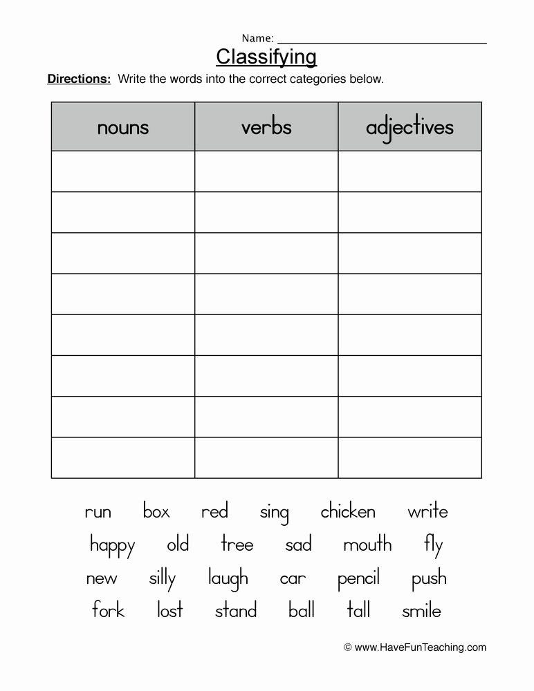 50 Nouns Verbs Adjectives Worksheet