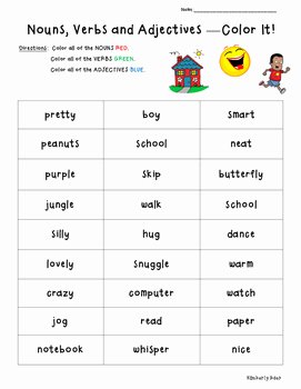 Nouns Verbs Adjectives Worksheet Elegant Nouns Verbs Adjectives Color Coding Practice Worksheet by