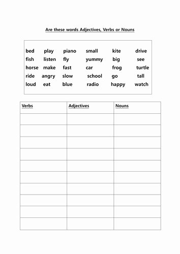 Nouns Verbs Adjectives Worksheet Inspirational Noun Verb Adjective Worksheet