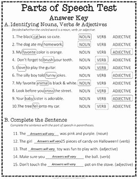 Nouns Verbs Adjectives Worksheet Inspirational Parts Of Speech Test Identifying Nouns Verbs