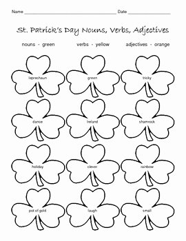 Nouns Verbs Adjectives Worksheet Lovely St Patrick S Day Nouns Verbs Adjectives Worksheet by