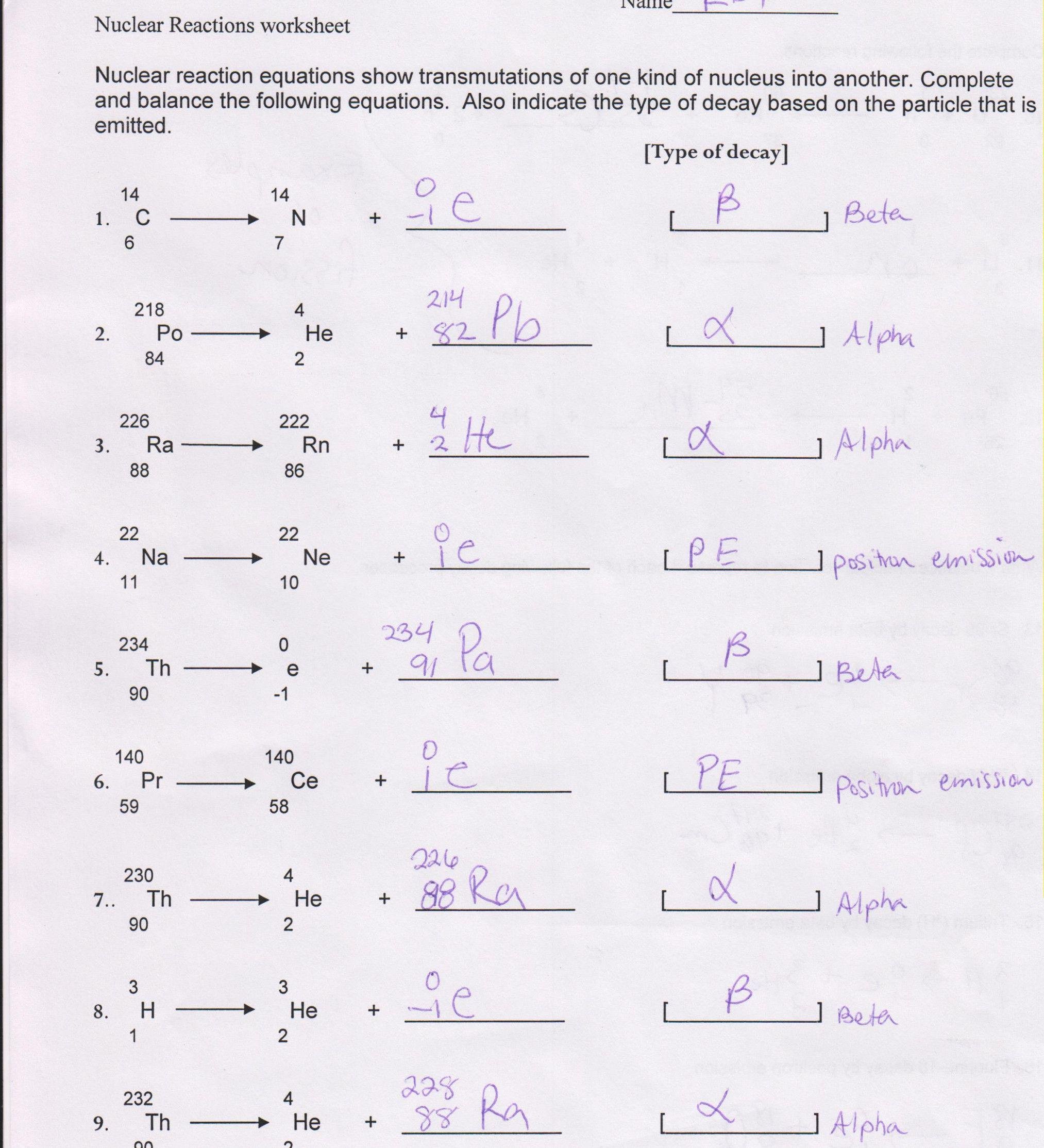 Nuclear Chemistry Worksheet Answer Key Awesome Fission and Fusion Nuclear Equations Worksheet Tessshebaylo
