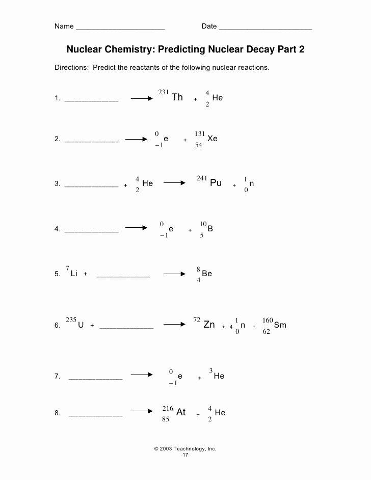 Nuclear Chemistry Worksheet Answer Key Beautiful Nuclear Decay