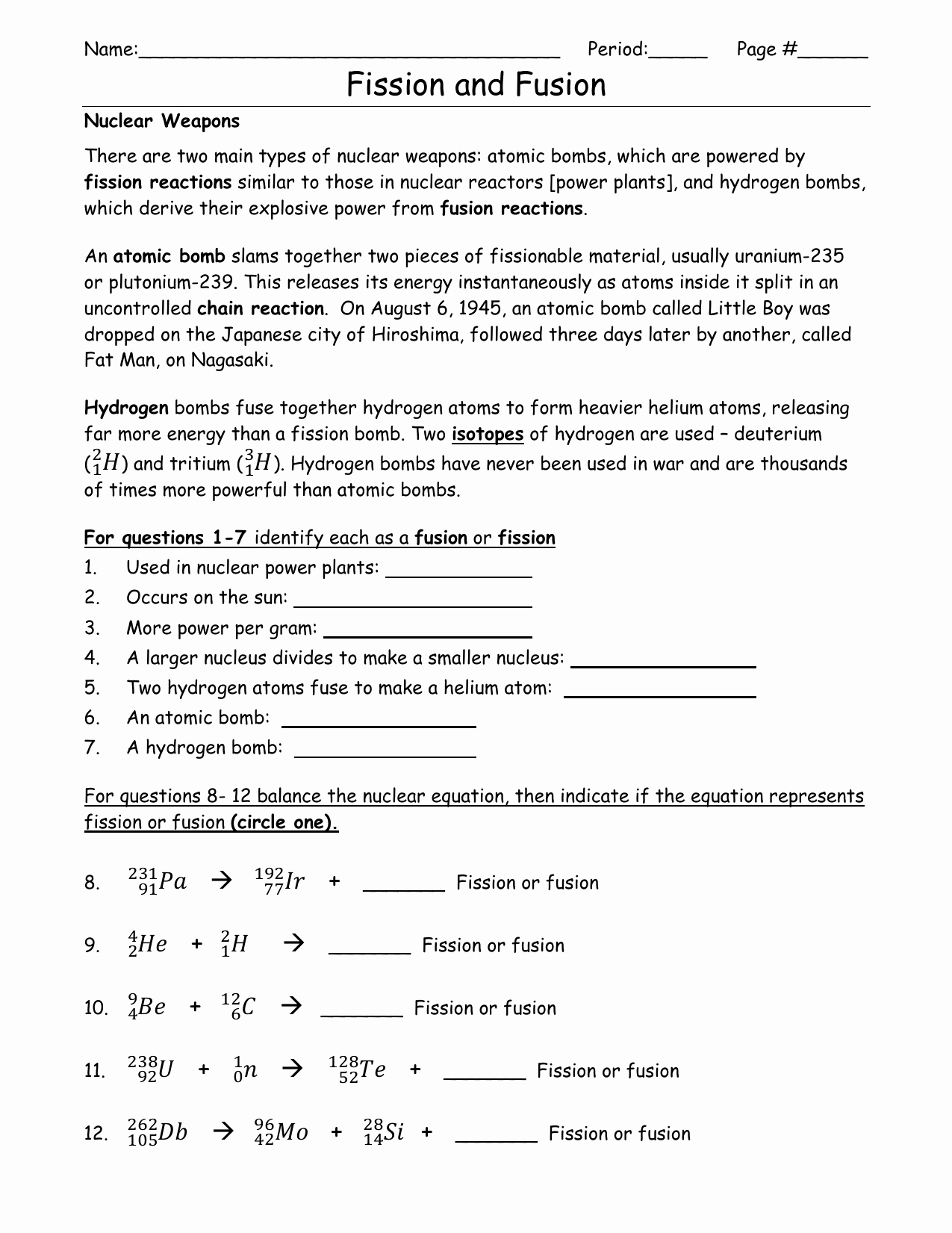 Nuclear Chemistry Worksheet Answer Key Best Of Nuclear Fission and Fusion Worksheet Answers