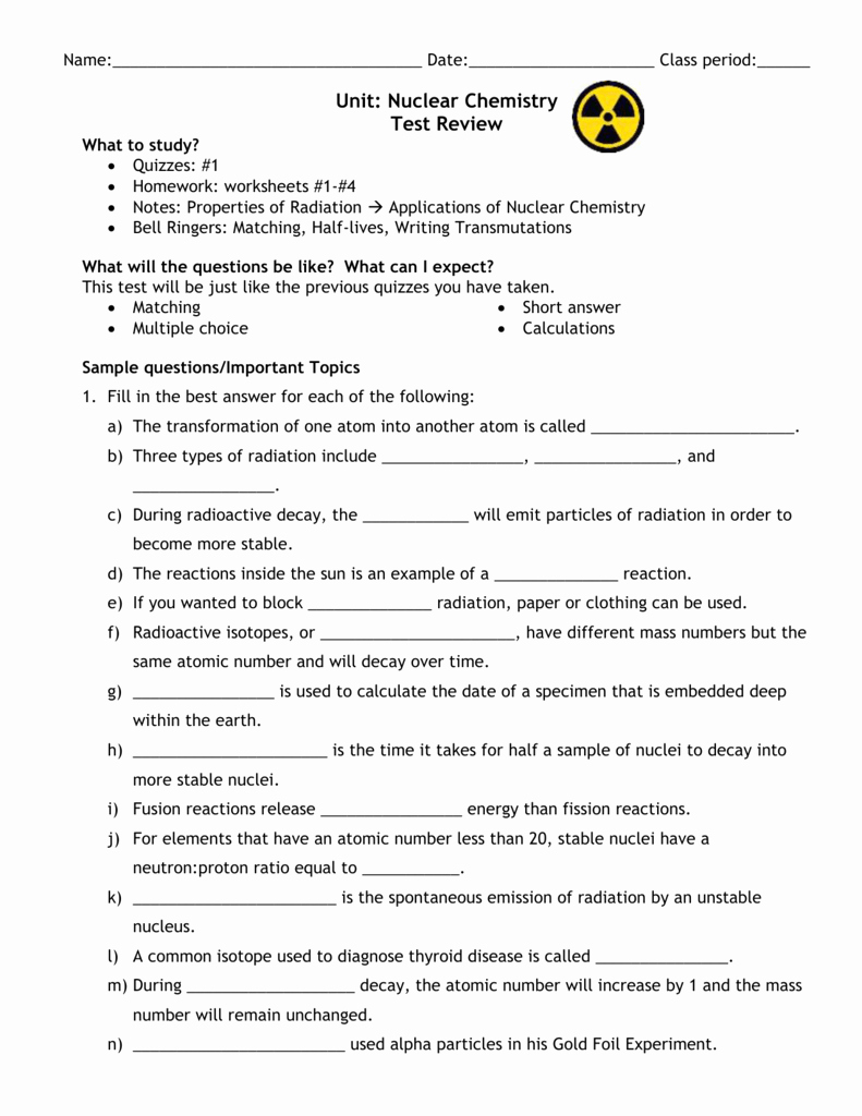 Nuclear Chemistry Worksheet Answers Lovely Nuclear Chemistry Test Review