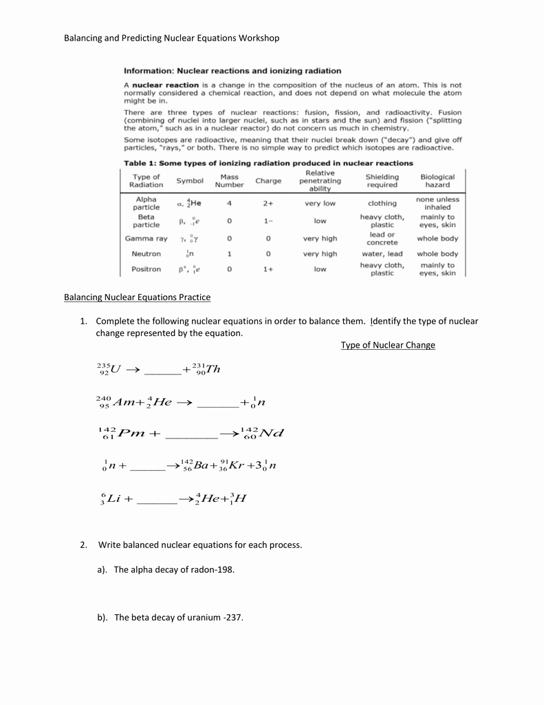 Nuclear Chemistry Worksheet K Beautiful Balancing and Predicting Nuclear Equations Workshop