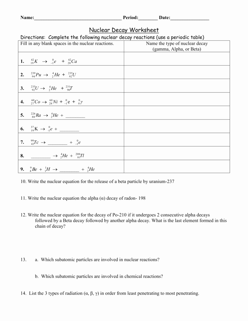 Nuclear Chemistry Worksheet K Lovely Ws Nuclear Decay