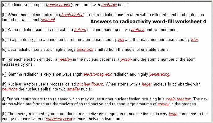 Nuclear Decay Worksheet Answer Key New Radioactivity Multiple Choice Question Quiz Word Fill Gap