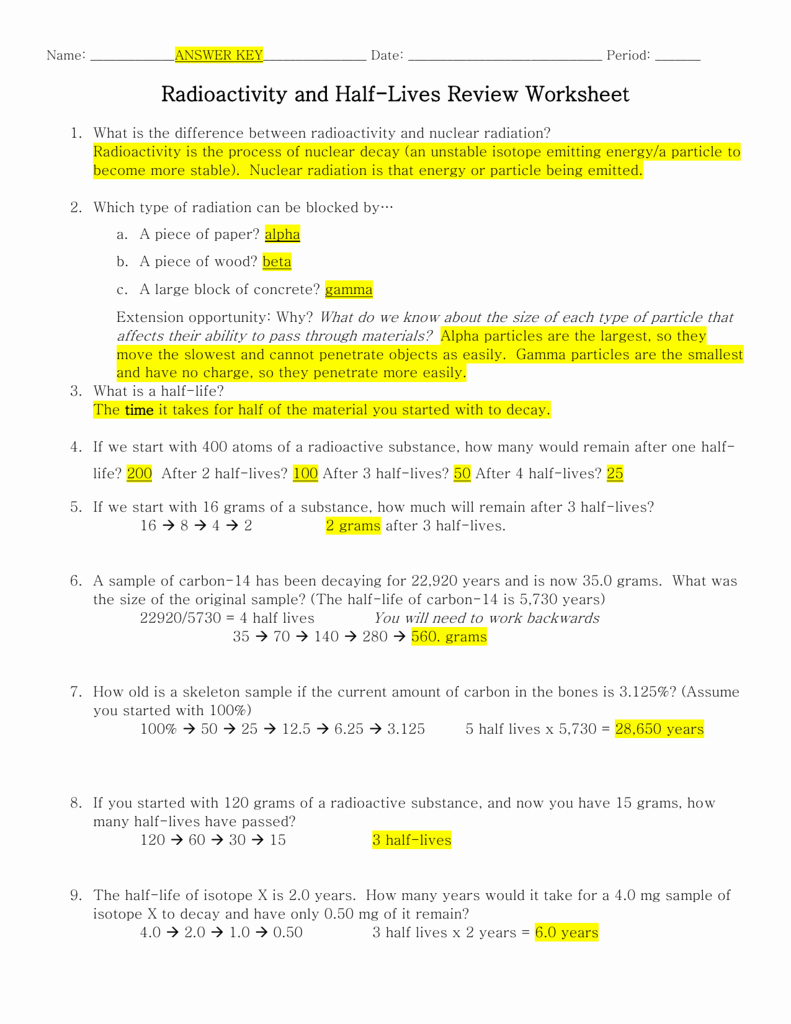 Nuclear Decay Worksheet Answer Key Unique Radioactivity &amp; Half Lives Review Worksheet