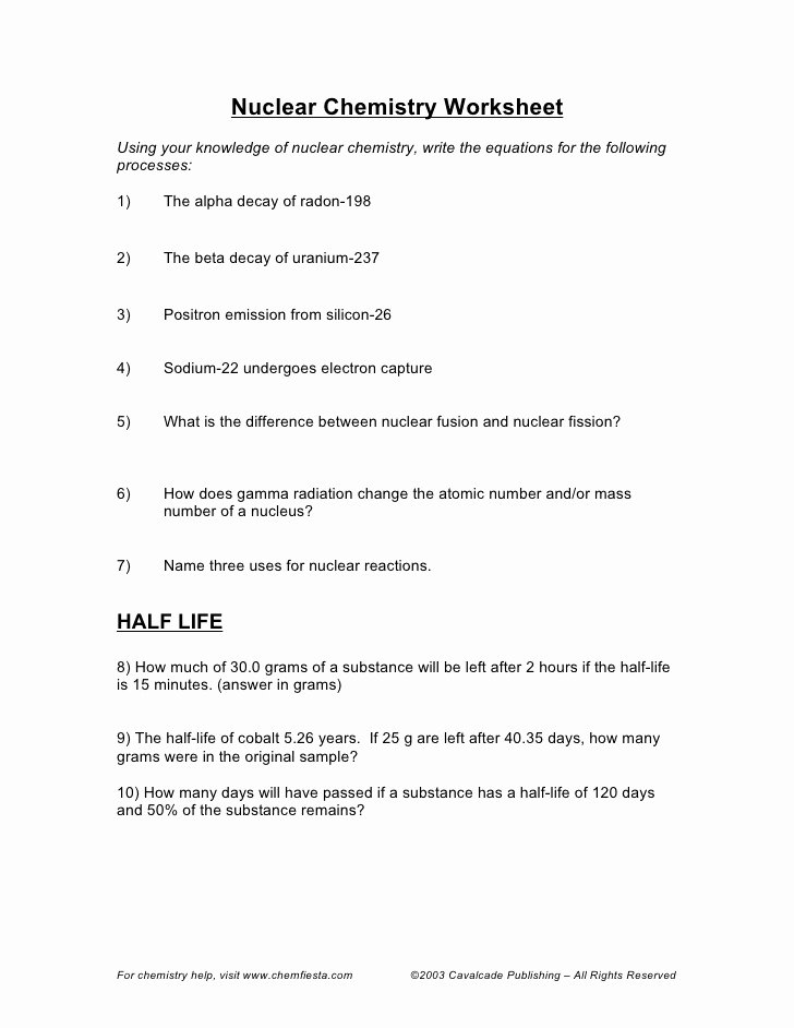 Nuclear Decay Worksheet Answers Chemistry Best Of Nuclear Chemistry Half Life Worksheet