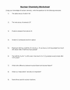 Nuclear Decay Worksheet Answers Chemistry New Nuclear Chemistry Worksheet Worksheet for Higher Ed