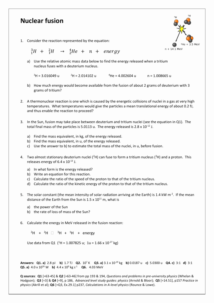 Nuclear Reactions Worksheet Answers Best Of Nuclear Fusion Worksheet with Answers