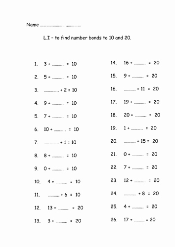 Number Bonds to 10 Worksheet Inspirational Number Bonds 10 and 20 by Nickybo Teaching Resources Tes