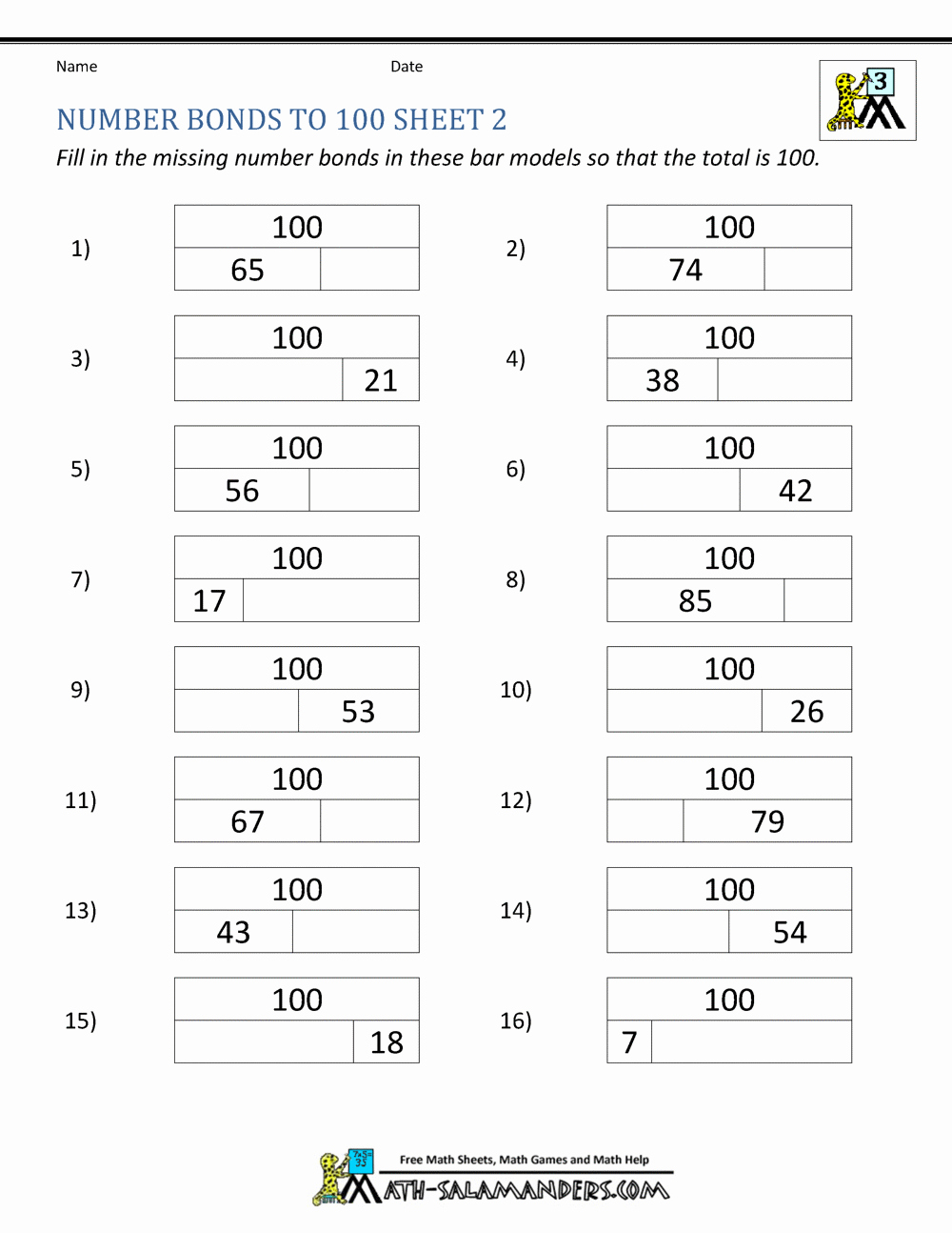 Number Bonds to 10 Worksheet New Math Worksheets for Kids Number Bonds to 100
