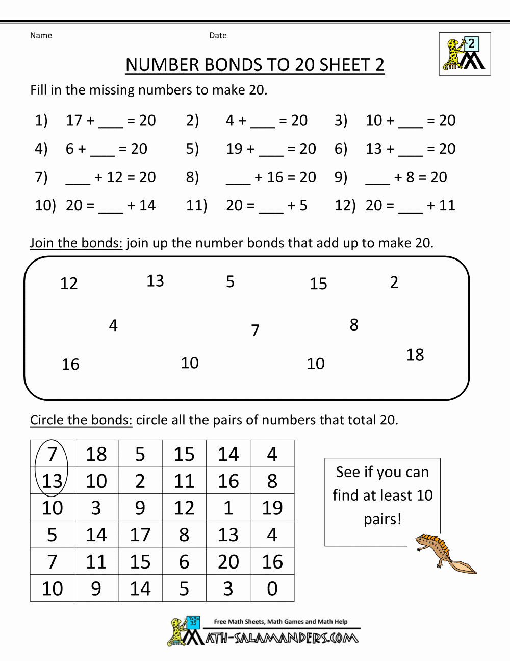 Number Bonds to 10 Worksheet Unique Math Worksheets for Kids Number Bonds to 100