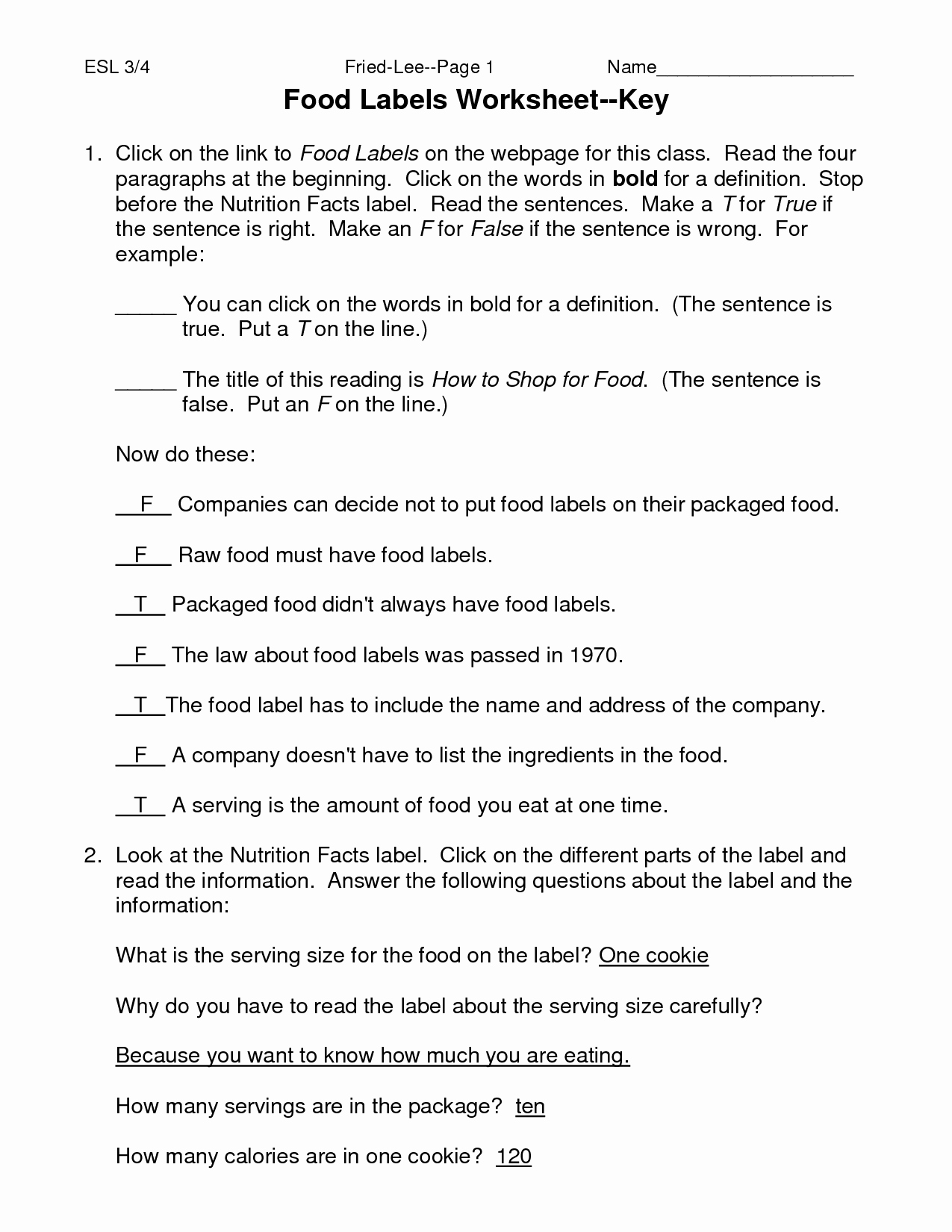 Nutrition Label Worksheet Answers Awesome 15 Best Of Food Label Worksheet Food and