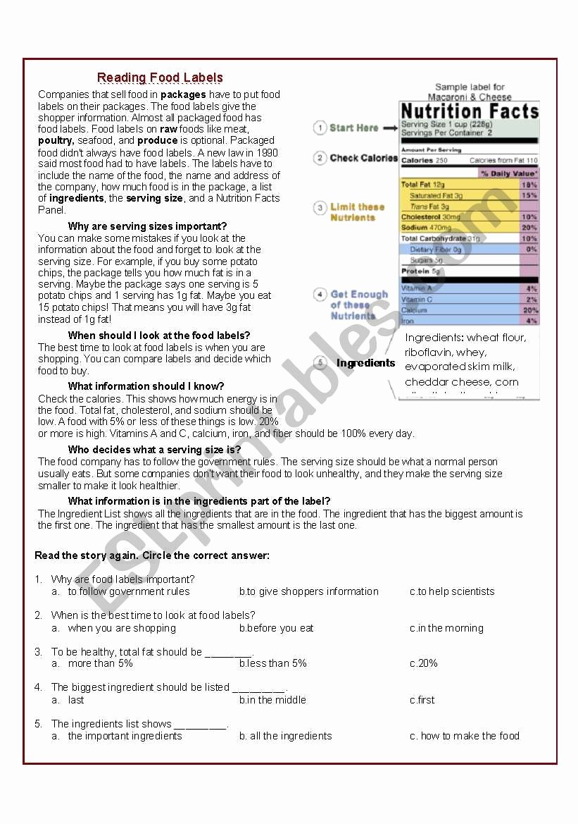 Nutrition Label Worksheet Answers Awesome Reading Food Labels Esl Worksheet by Arlissa