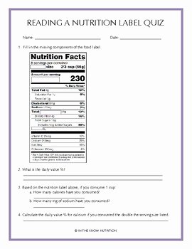 Nutrition Label Worksheet Answers Unique Reading A Nutrition Label Quiz by In the Know Nutrition