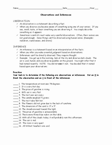 Observation Vs Inference Worksheet Elegant Printables Observations and Inferences Worksheet