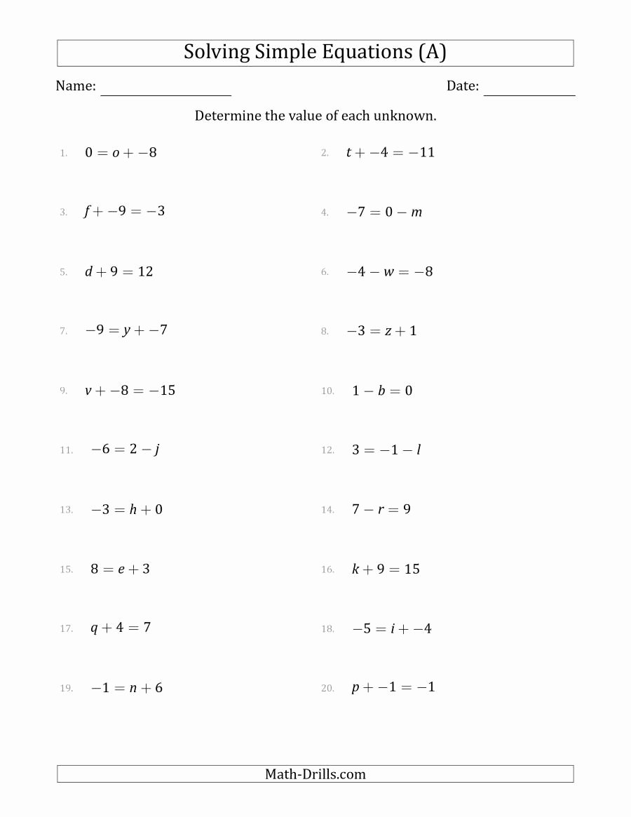One Step Equations Worksheet Pdf New solving Simple Linear Equations with Unknown Values
