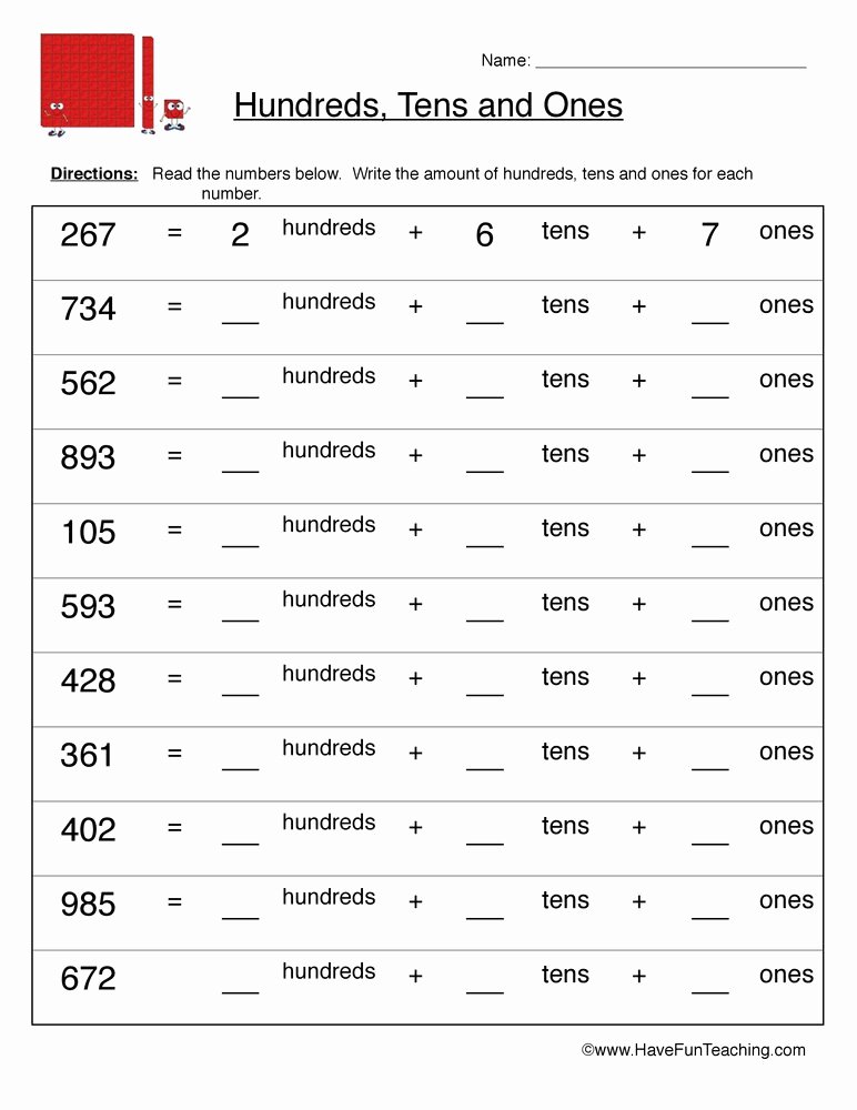 Hundreds Tens And Ones Worksheets