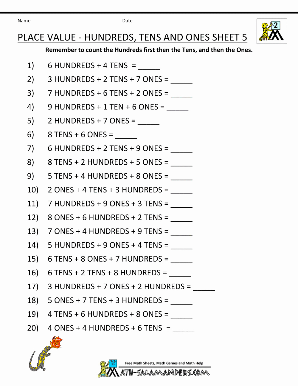 Ones Tens Hundreds Worksheet Fresh Second Grade Place Value Worksheets