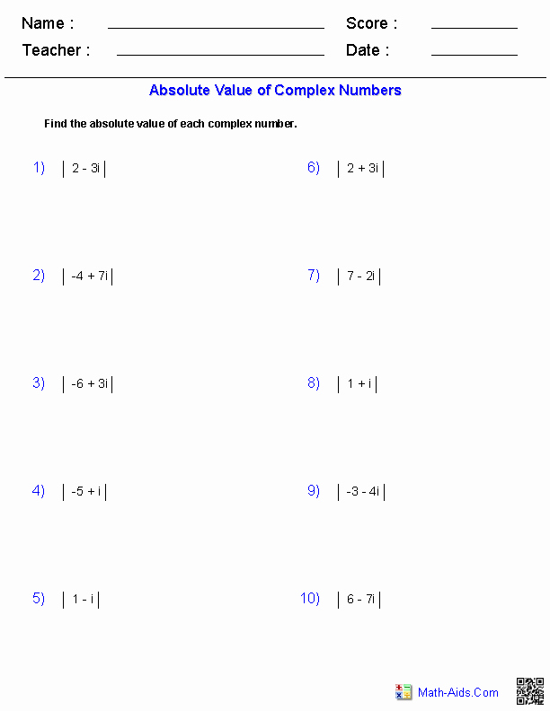 50 Operations With Complex Numbers Worksheet
