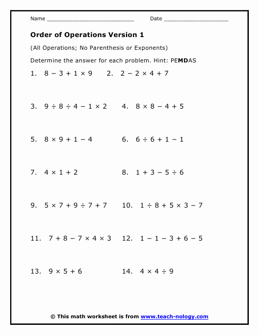 Operations with Exponents Worksheet Awesome All Operations No Parenthesis or Exponents