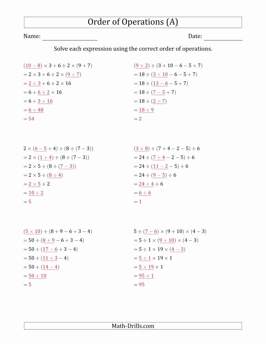 Operations with Exponents Worksheet Beautiful order Of Operations with whole Numbers and No Exponents