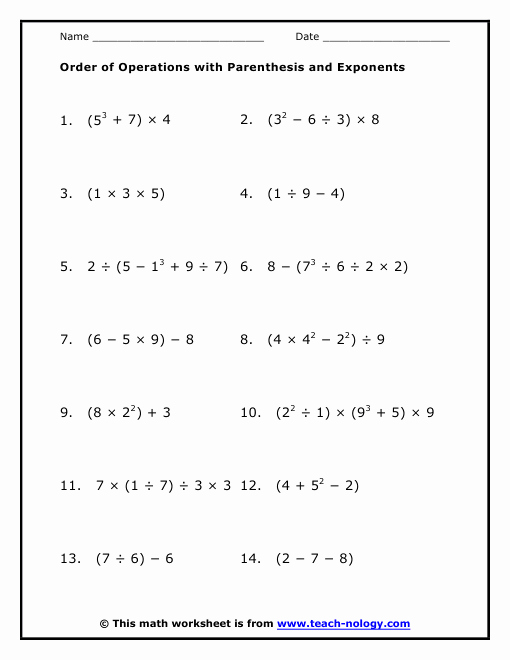 Operations with Exponents Worksheet Fresh order Of Operations with Parenthesis and Exponents