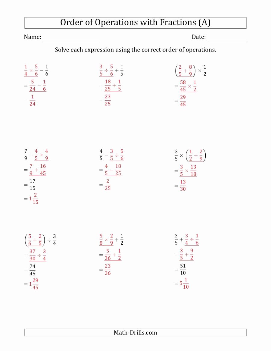 Operations with Exponents Worksheet Inspirational order Of Operations with Positive Fractions and No