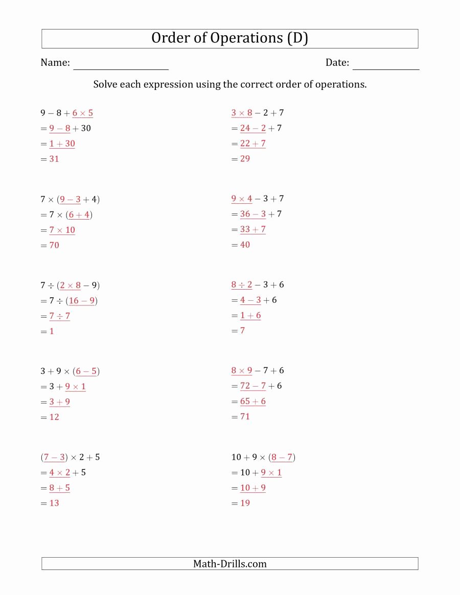 Operations with Exponents Worksheet Inspirational order Of Operations with whole Numbers and No Exponents