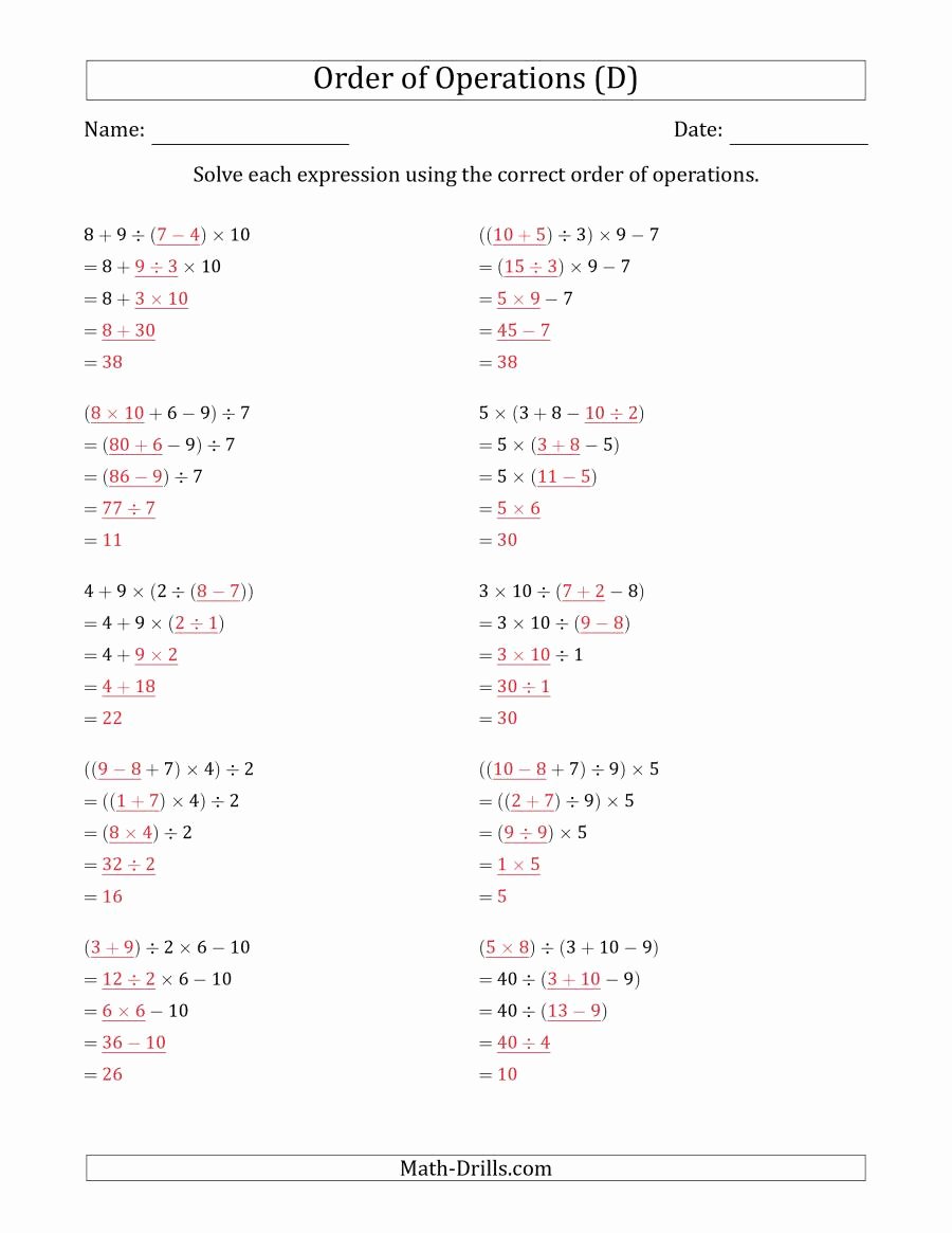 Operations with Exponents Worksheet Luxury order Of Operations with whole Numbers and No Exponents