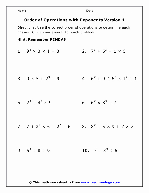 Operations with Exponents Worksheet Unique order Of Operations with Exponents