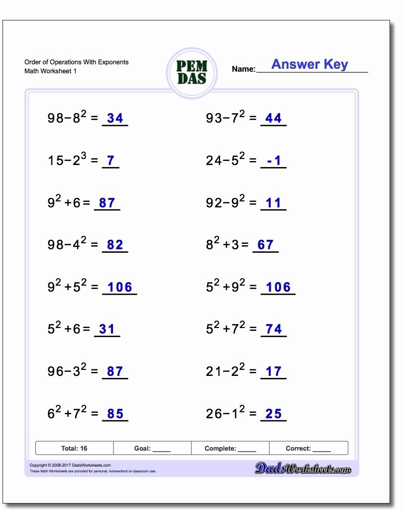 Operations with Exponents Worksheet Unique order Of Operations Worksheet with Exponents order Of