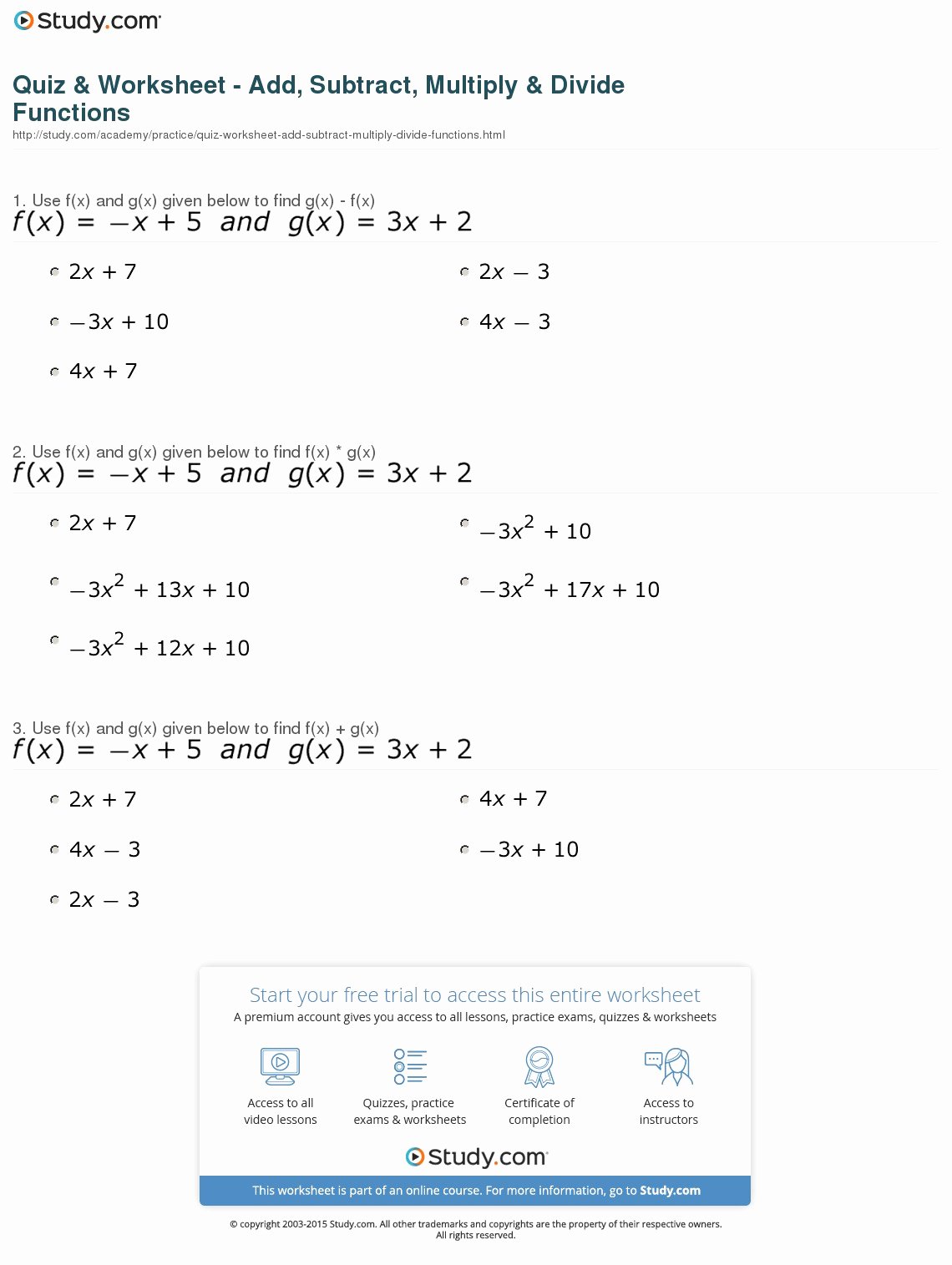quiz worksheet add subtract multiply divide functions