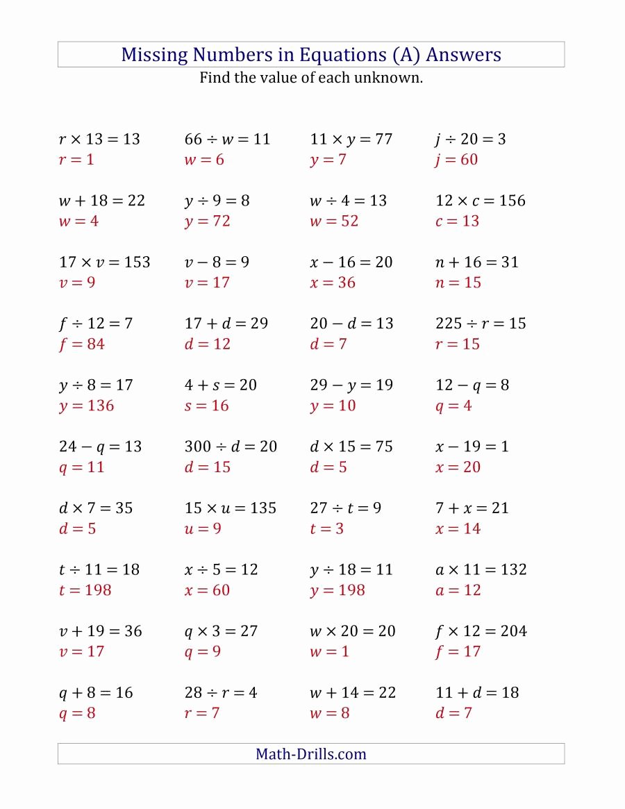 Operations with Functions Worksheet Fresh Missing Numbers In Equations Variables All Operations