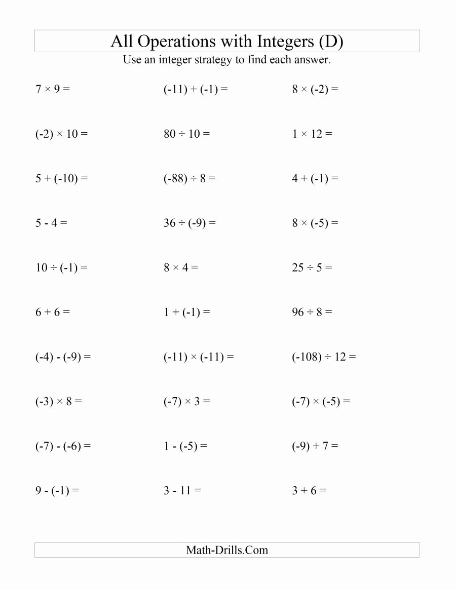 Operations with Integers Worksheet Pdf Beautiful All Operations with Integers Range 12 to 12 with