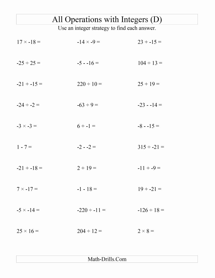 Operations with Integers Worksheet Pdf Beautiful All Operations with Integers Range 25 to 25 with No