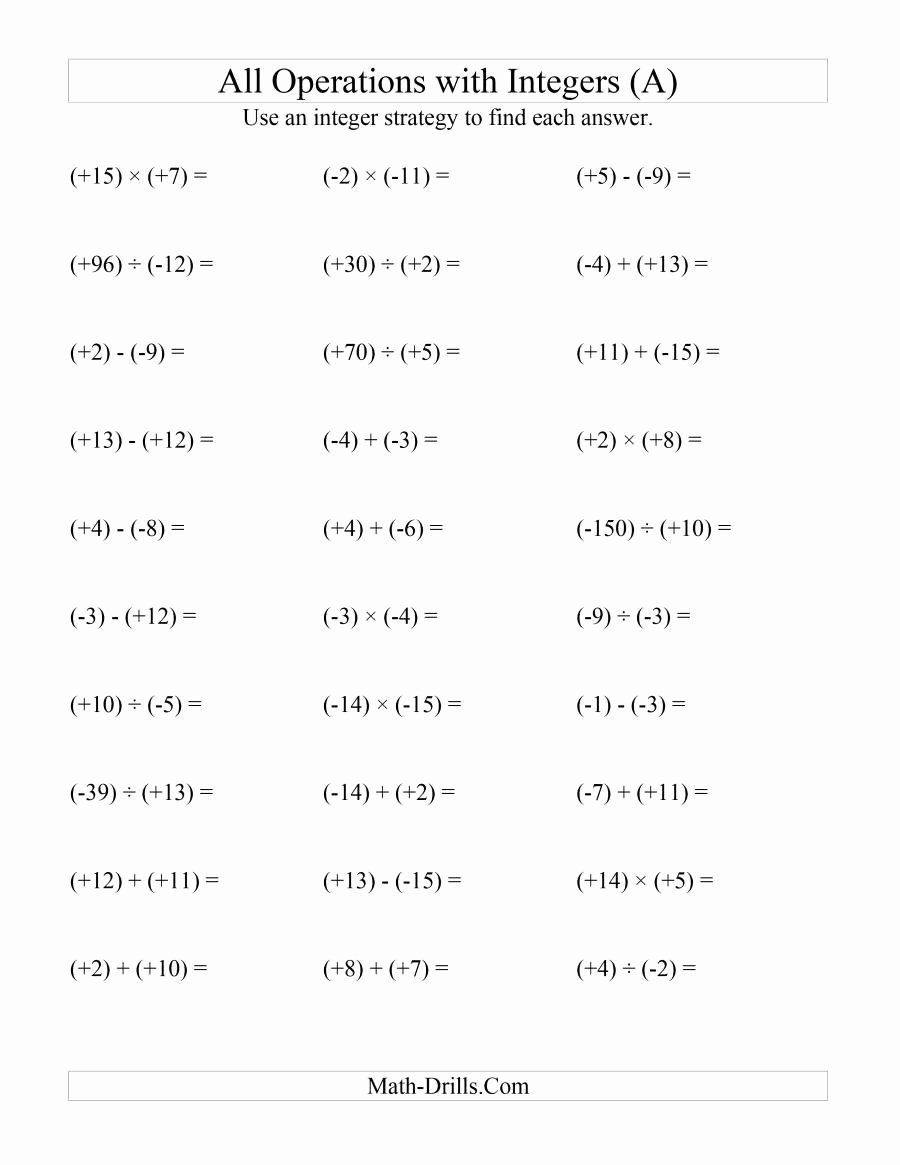 Operations with Integers Worksheet Pdf Best Of All Operations with Integers Range 15 to 15 with All