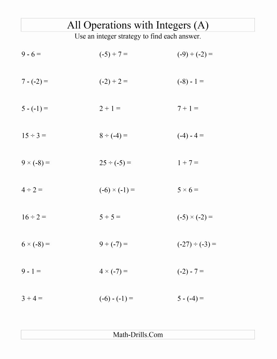 Operations with Integers Worksheet Pdf Fresh All Operations with Integers Range 9 to 9 with Negative