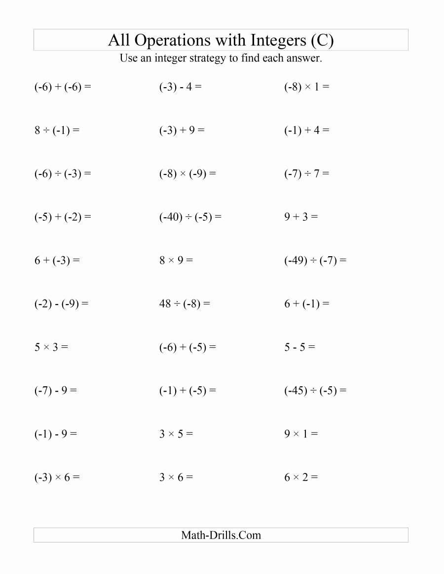 Operations with Integers Worksheet Pdf Lovely All Operations with Integers Range 9 to 9 with Negative