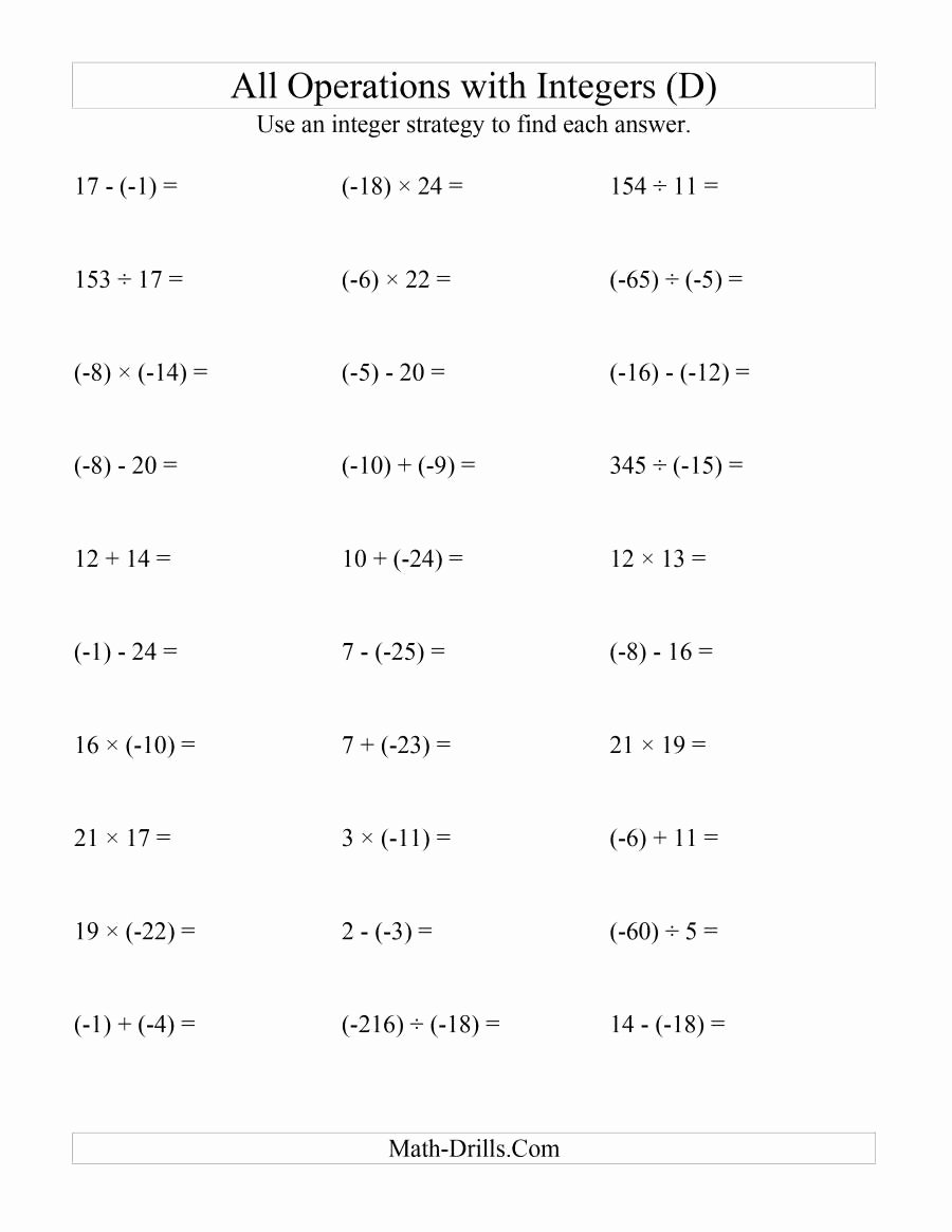 Operations with Integers Worksheet Pdf Unique All Operations with Integers Range 25 to 25 with