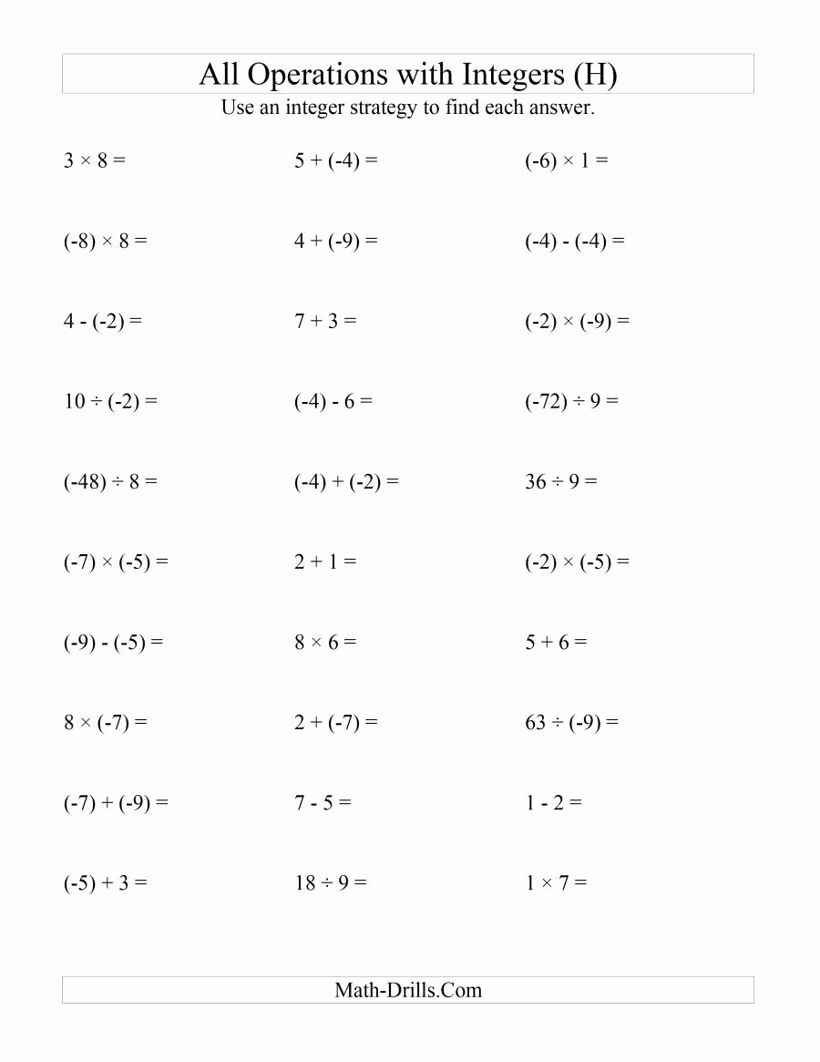 Operations with Integers Worksheet Pdf Unique All Operations with Integers Range 9 to 9 with Negative