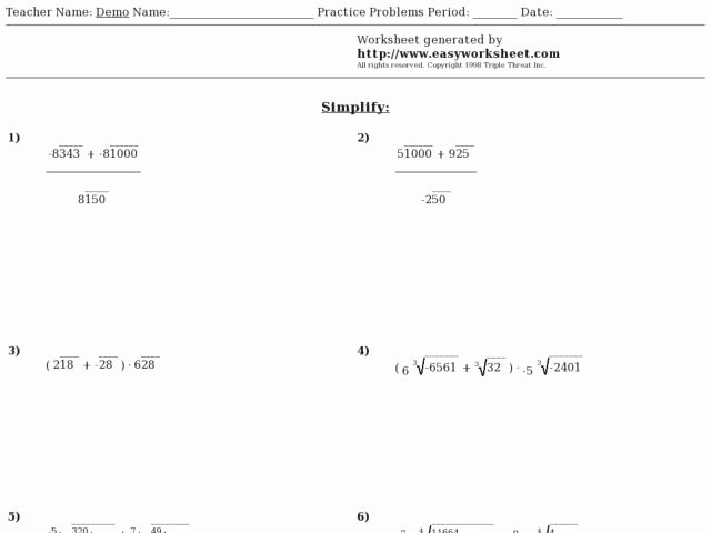 Operations with Radicals Worksheet Awesome Easy Worksheet Operations with Radicals Worksheet for 9th