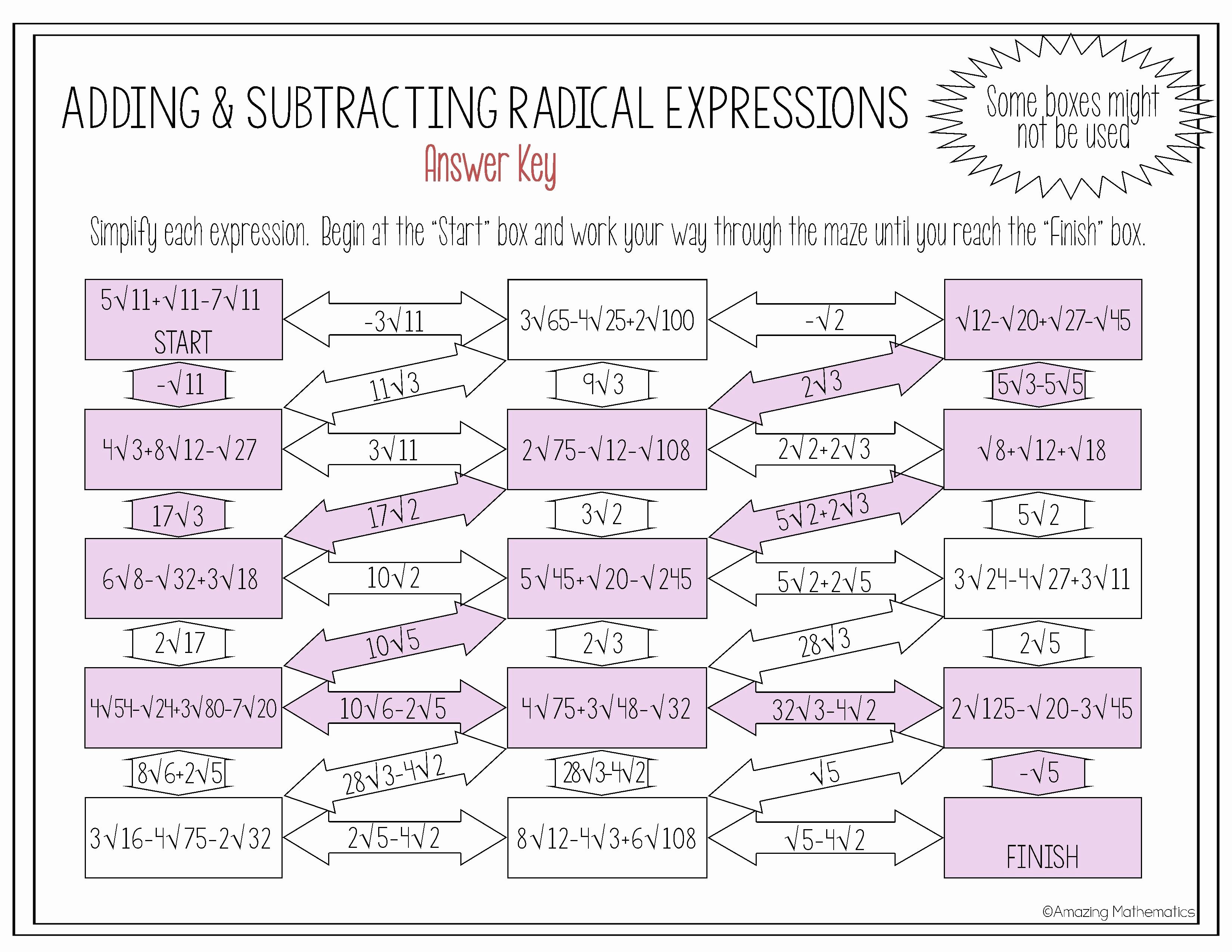 Operations with Radicals Worksheet Beautiful Operations with Radical Expressions Maze Adding